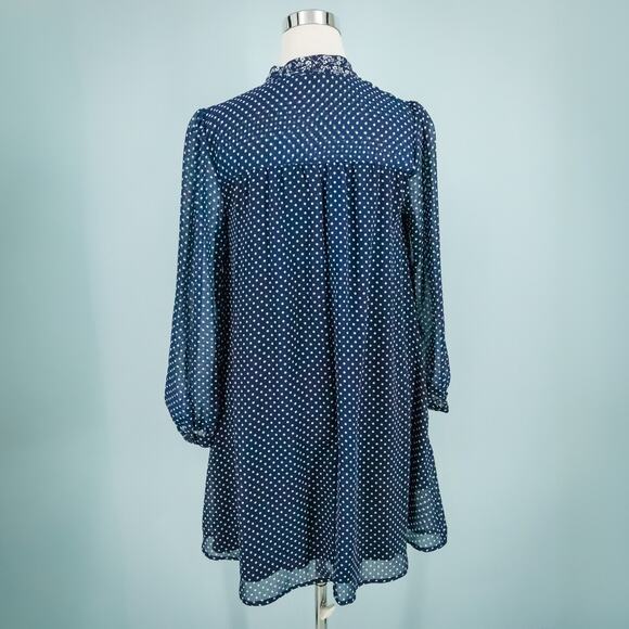 11.1 Tylho Anthropologie Size Small S Blue Isla Polka Dot A Line Tie Neck Dress - Picture 4 of 8